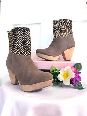 80/20 ~ Brown Cruelty Free Block Heel Platform Ankle Booties w/Faux Mohair Accen